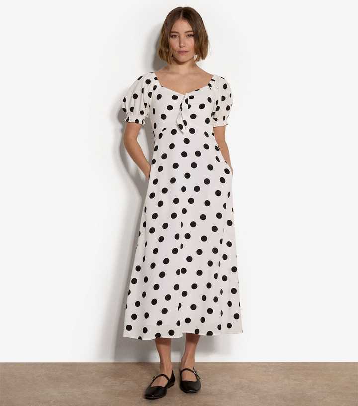 Apricot White Polka Dot Bow Detail Midi Dress