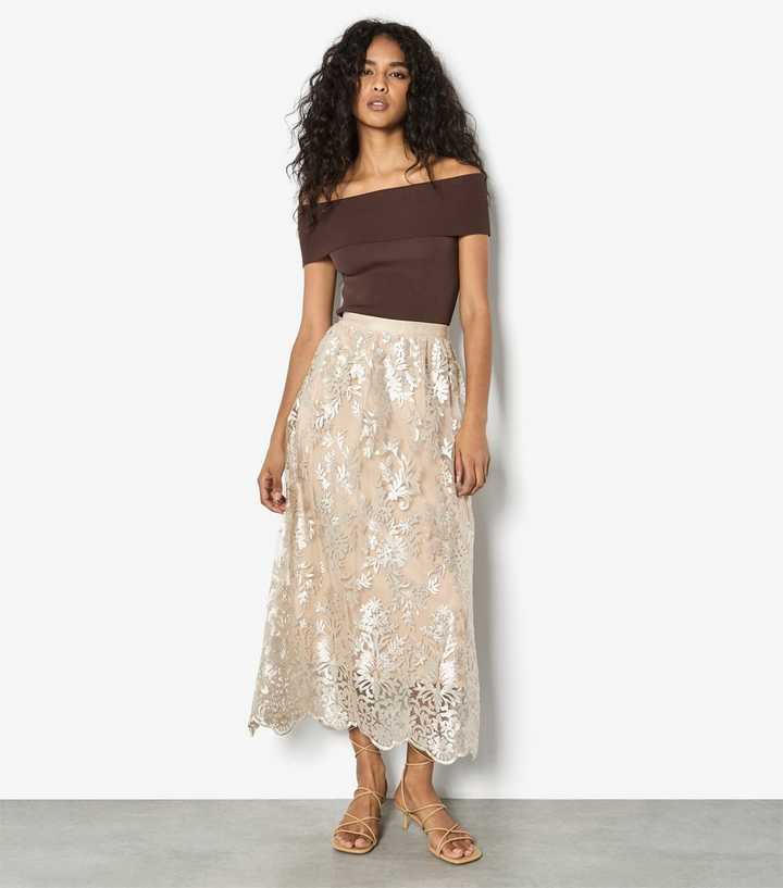 Apricot Stone Embroidered Mesh Scallop Skirt