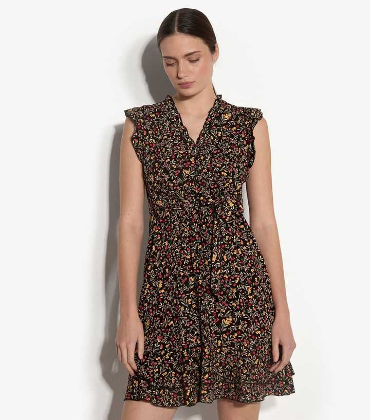 Apricot Black Flower Print Ruffle Trim Mini Dress