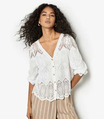 Apricot White Embroidered V-Neck Cardigan