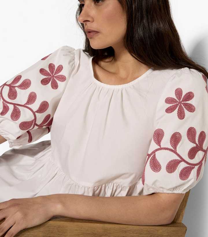 Apricot White Floral Embroidery Peplum Top