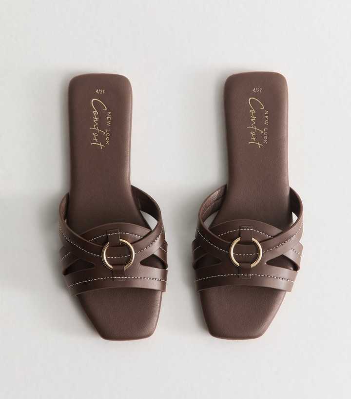 Brown Faux Leather Contrast Stitch Hardware Detail Flat Sandals