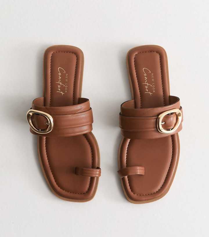 Tan Faux Leather Toe Loop Buckle Strap Flat Sandals