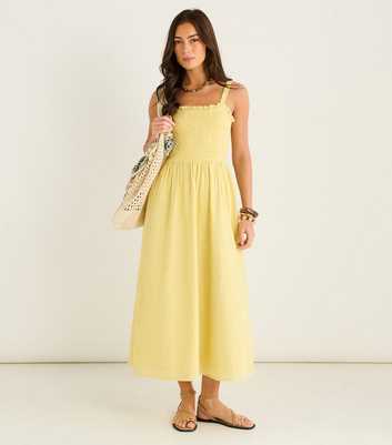 Gini London Light Yellow Broderie Anglaise Shirred Midi Dress