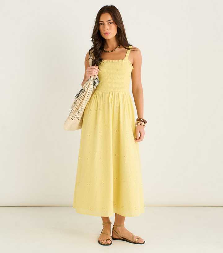 Gini London Light Yellow Broderie Anglaise Shirred Midi Dress