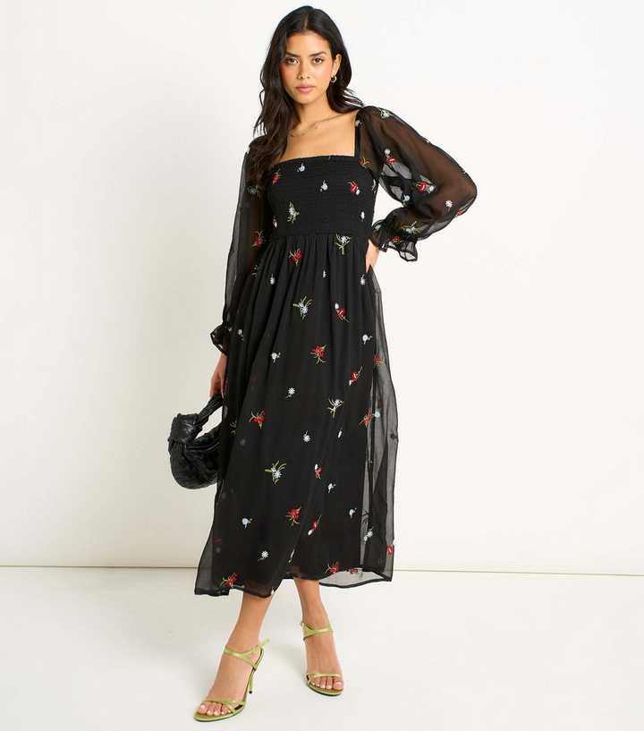 Gini London Black Chiffon Floral Embroidered Midi Dress