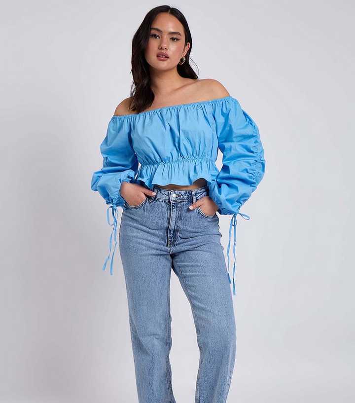 Urban Bliss Blue Ruched Sleeve Bardot Top