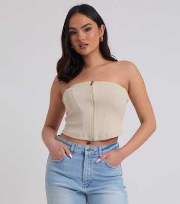 Urban Bliss Cream Ribbed Zip Up Corset Top