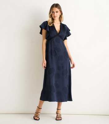 Gini London Navy Floral Satin Lace Trim Midi Dress