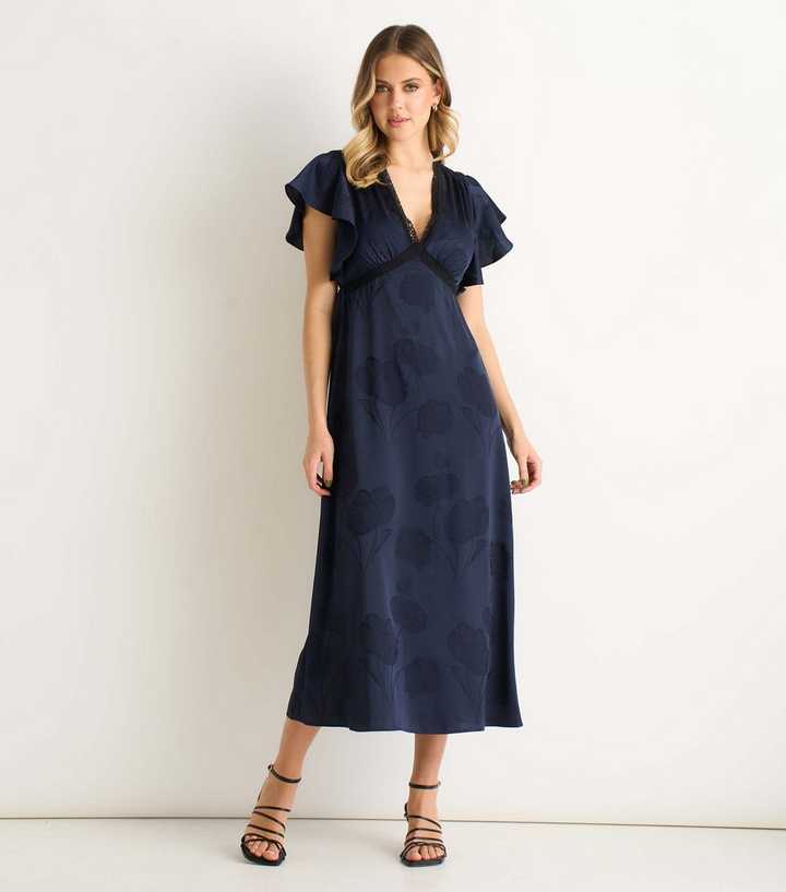 Gini London Navy Floral Satin Lace Trim Midi Dress