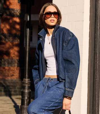 Blue Cotton Funnel Neck Denim Jacket