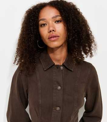 Dark Brown Cotton Long Sleeve Cinched Denim Dress