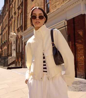 Cream High Neck Zip Up Utility Bomber Jacket
