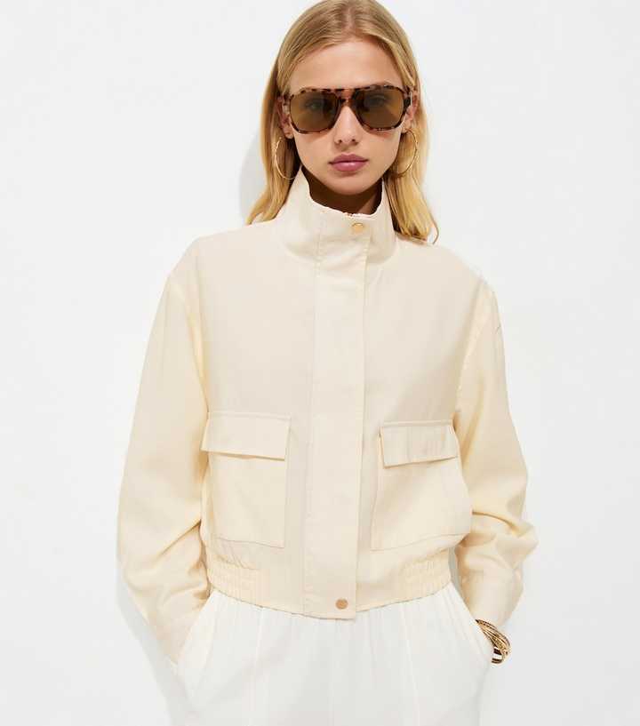 Cream High Neck Zip Up Utility Bomber Jacket