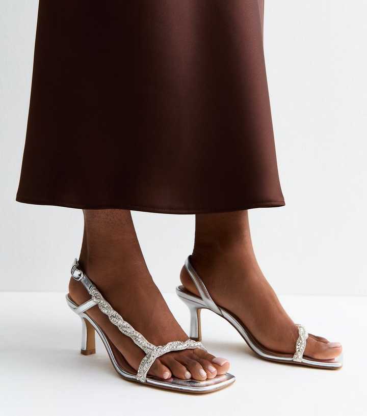 Silver Faux Leather Sparkly Twisted Strap Stiletto Sandals
