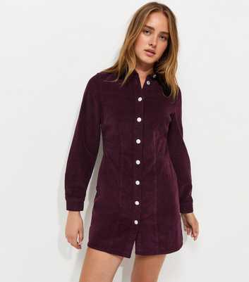 Dark Burgundy Corduroy Long Sleeve Mini Shirt Dress
