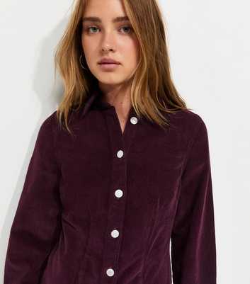 Dark Burgundy Corduroy Long Sleeve Mini Shirt Dress