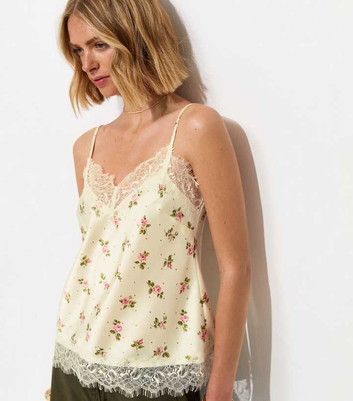 Cream Satin Floral Lace Trim Cami Top