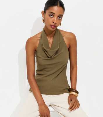 Dark Khaki Cowl Halter Neck Top