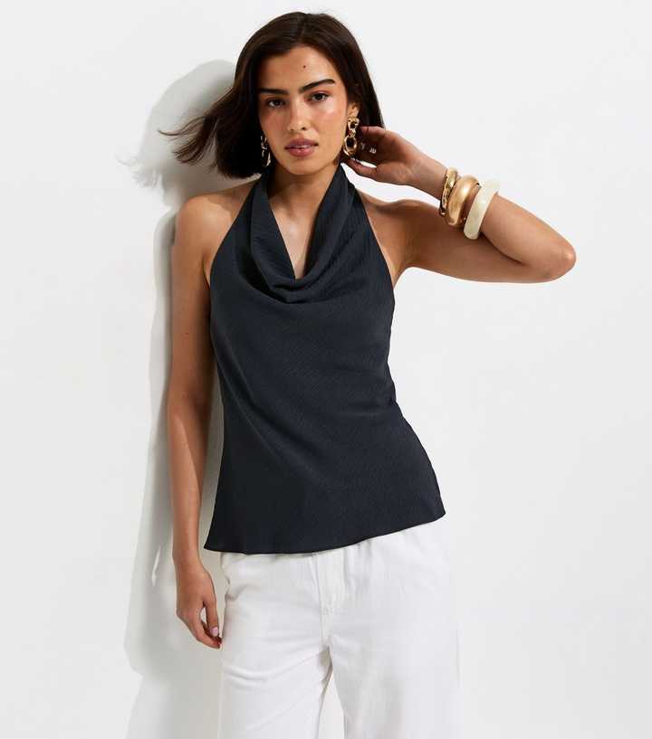 Navy Cowl Halter Neck Top
