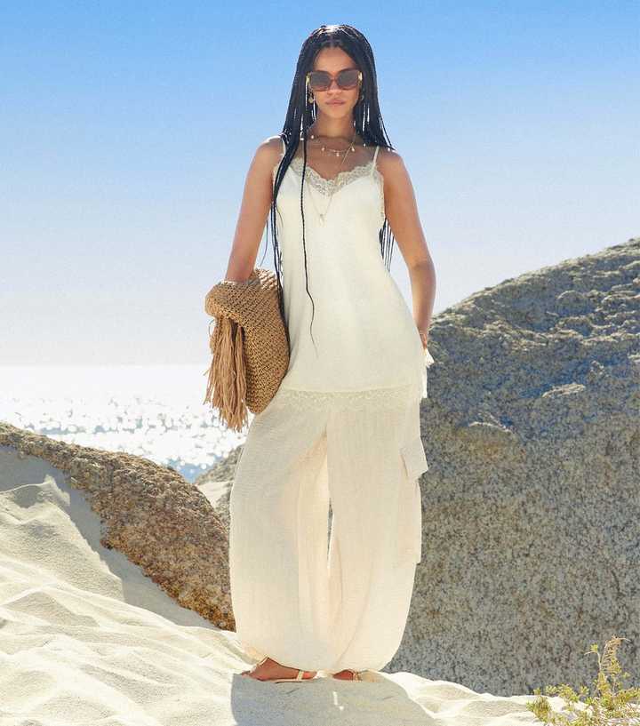 Off White Lace Trimmed Longline Cami Top