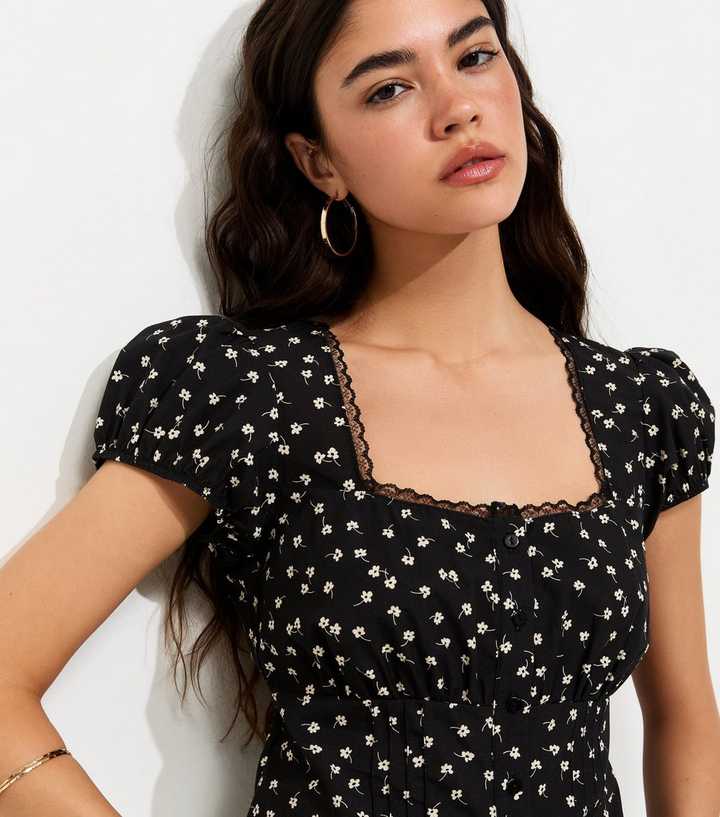 Black Cotton Ditsy Floral Lace Trim Milkmaid Top