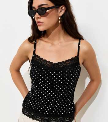 Black Cotton Rich Spotty Lace Trim Cami Top