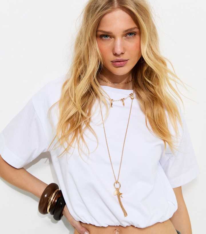 White Cropped Bubble Hem T-Shirt