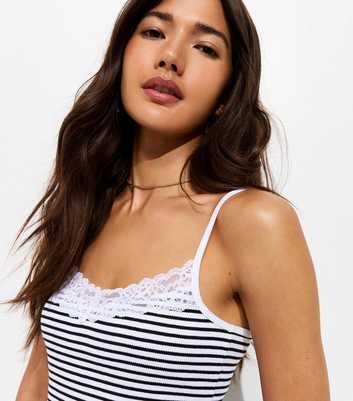 White Cotton Rich Ribbed Striped Lace Trim Cami Top