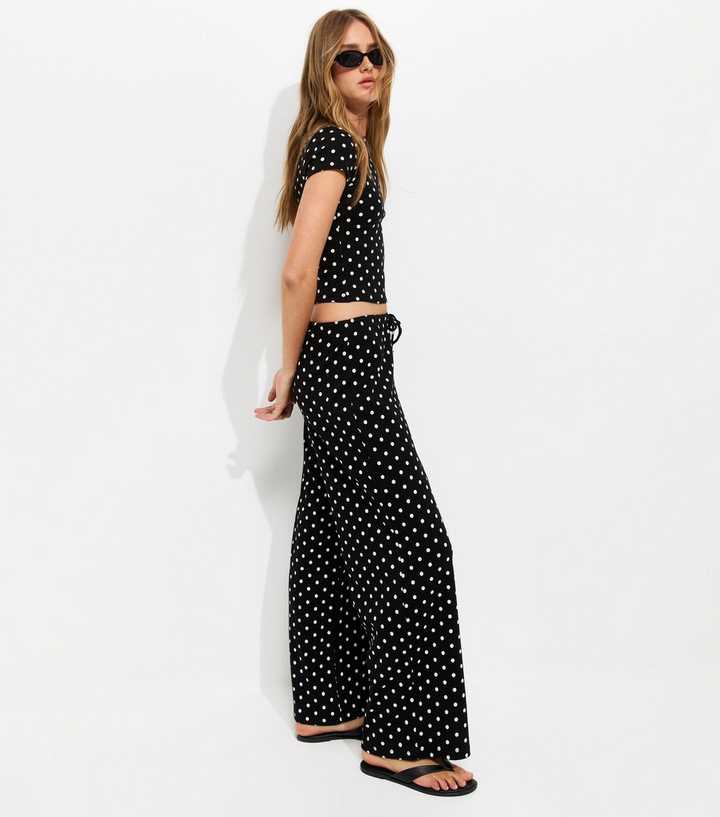 Black Cotton Rich Polka Dot Wide Leg Trousers