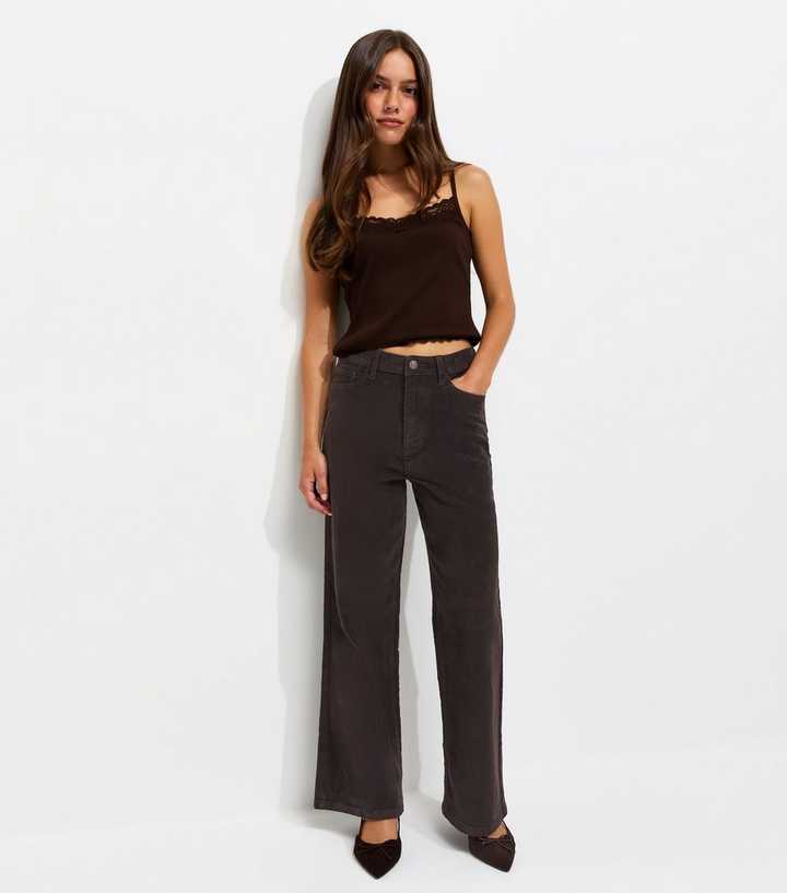 Petite Dark Brown Cotton Rich Corduroy Adalae Wide Leg Jeans