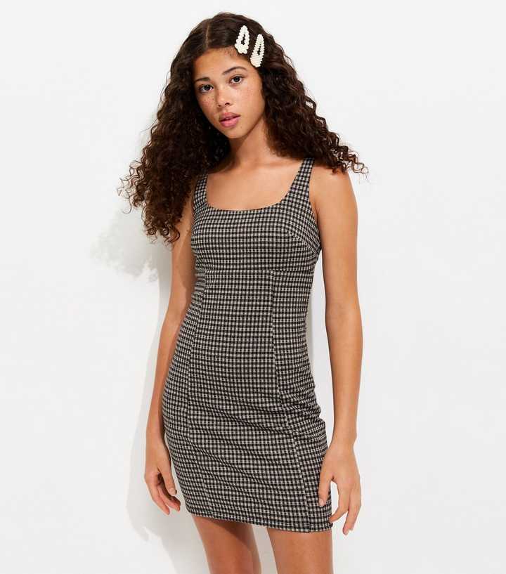 Girls Black Checked Jersey Jacquard Pinafore Mini Dress