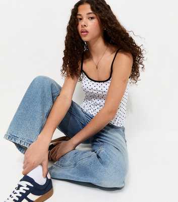 Girls White Polka Dot Stretch Cotton Scoop Cami Top