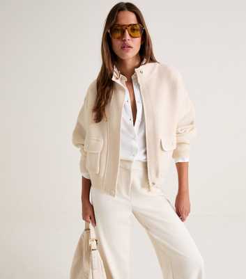 Premium Off White Knitted High Neck Jacket
