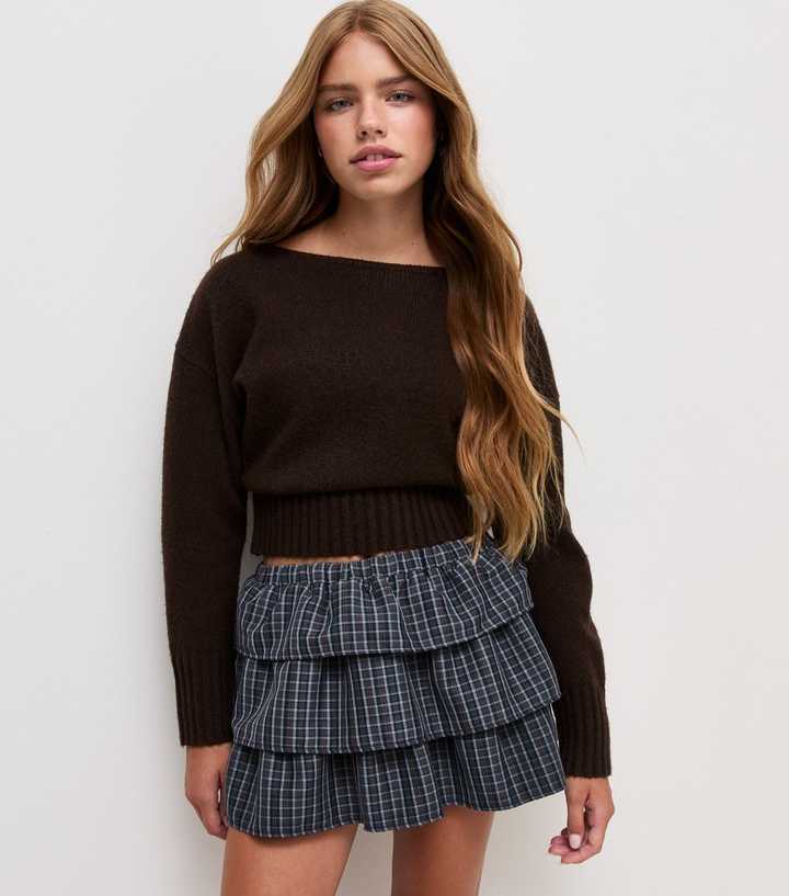 Girls Blue Checked Three Tier Flannel Rara Skort