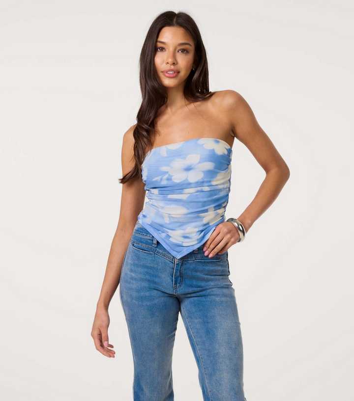 Pink Vanilla Light Blue Floral Print Handkerchief Hem Bandeau Top