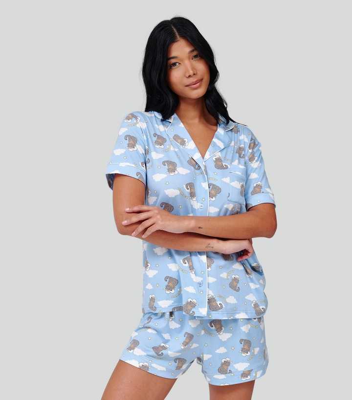 Loungeable Blue Western Cat Print Short Sleeve Pyjama Set