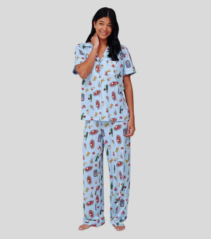 Loungeable Blue Pasta Print Short Sleeve Pyjama Set