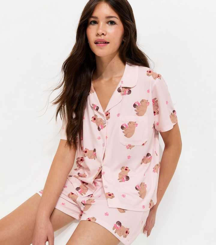 Girls Pink Capybara Print Shirt and Shorts Pyjama Set