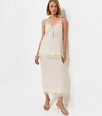 Cream Textured Lace Trim Midi Skirt