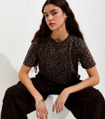 Brown Cotton Leopard Print Easy T-Shirt