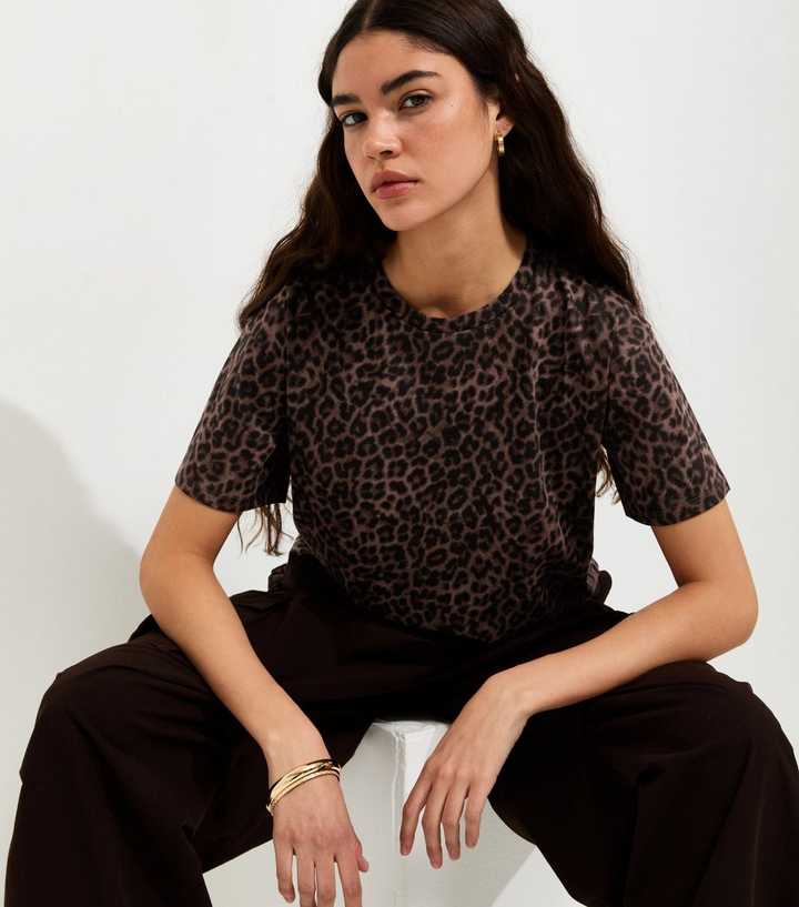 Brown Cotton Leopard Print Easy T-Shirt