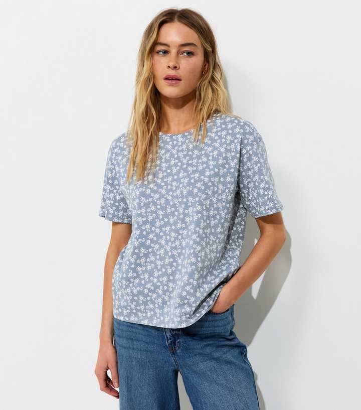 Blue Cotton Floral Print Easy T-Shirt