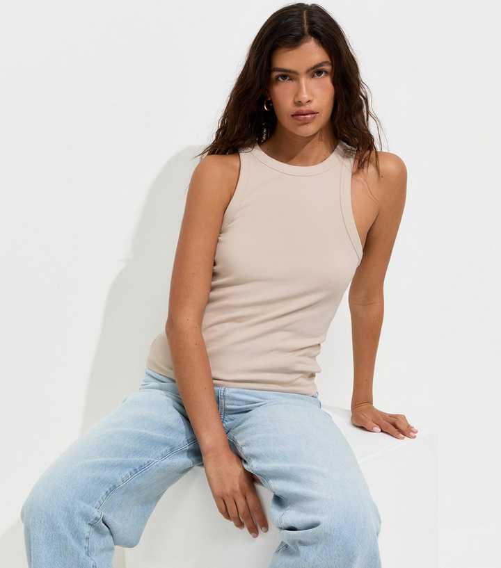 Cream Cotton Rich Racer Back Ribbed Vest Top
