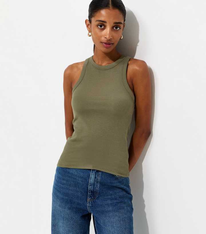 Dark Khaki Cotton Rich Racer Back Ribbed Vest Top