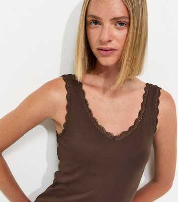 Dark Brown Cotton Rich Lace Trim V-Neck Vest