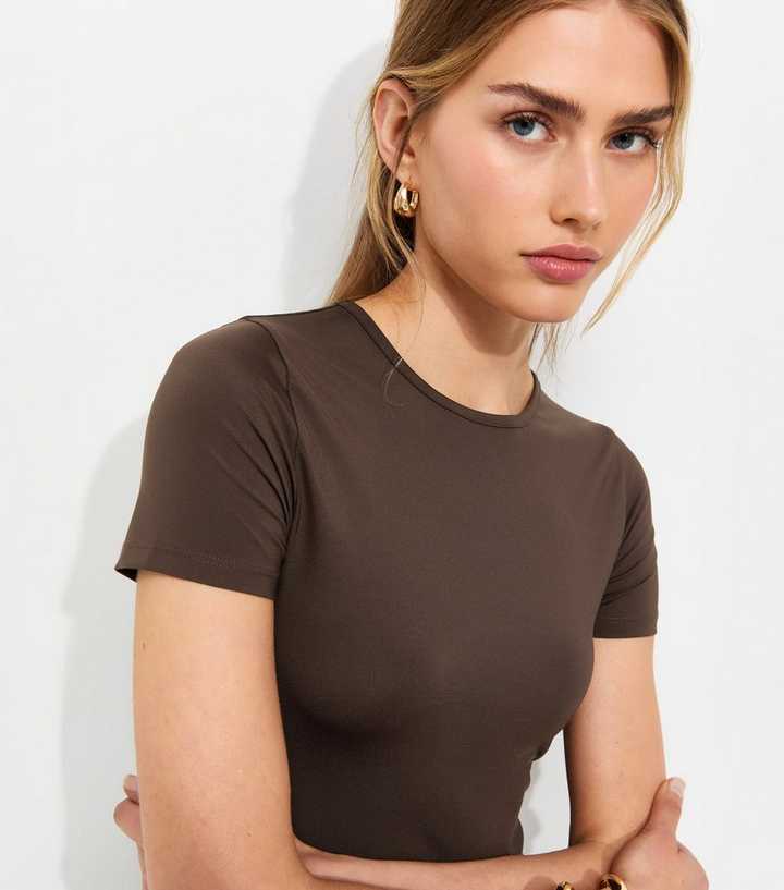 Dark Brown Jersey Crew Neck Cropped T-Shirt