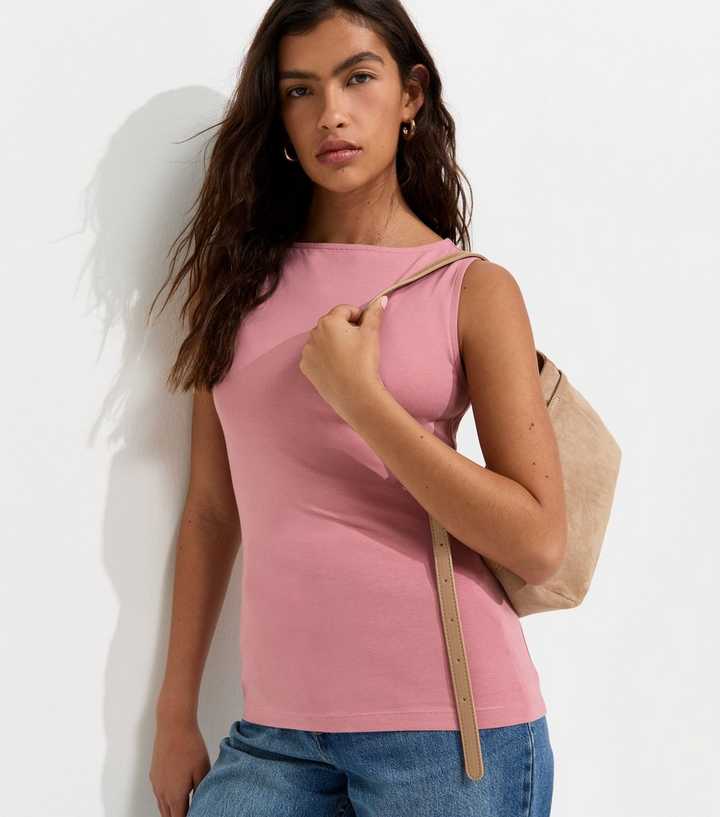 Pink Cotton Rich Slash Neck Vest Top