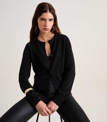Premium Black Pure Cashmere Crew Neck Cardigan
