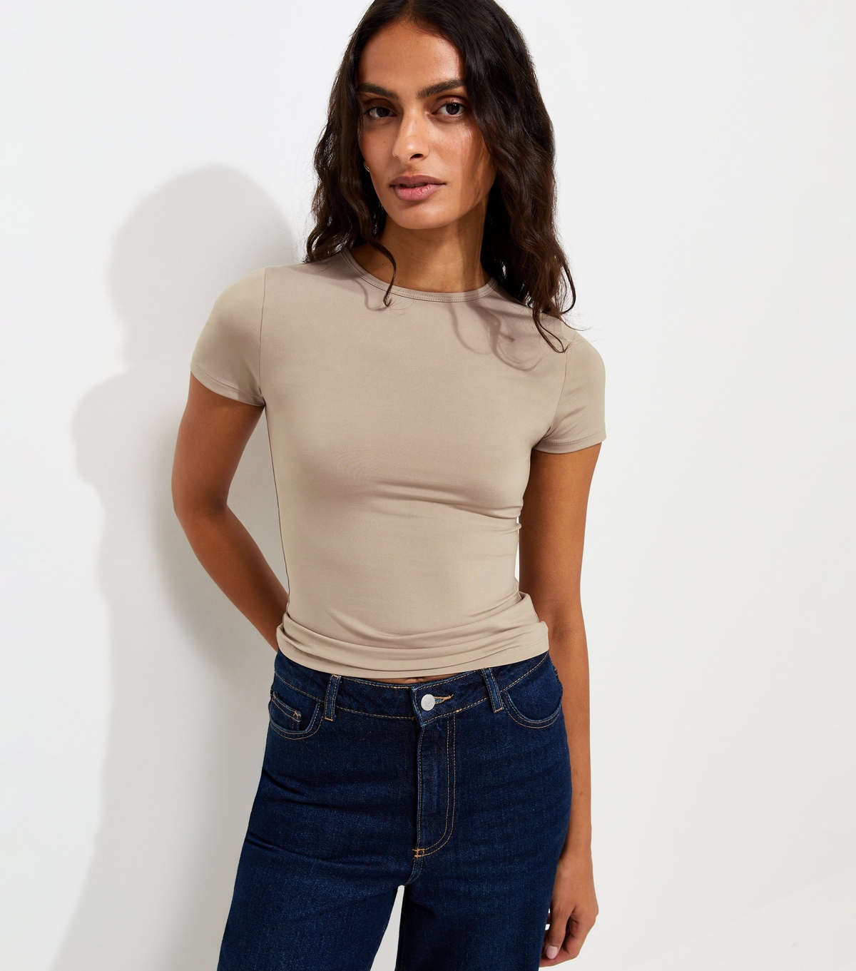 Women's Mink Slinky Jersey Crew Neck T-Shirt New Look